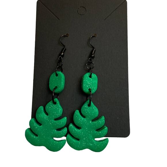 Monstera Leaf Statement Earrings -Handmade Polymer Clay - Glitter - Picture 2 of 5